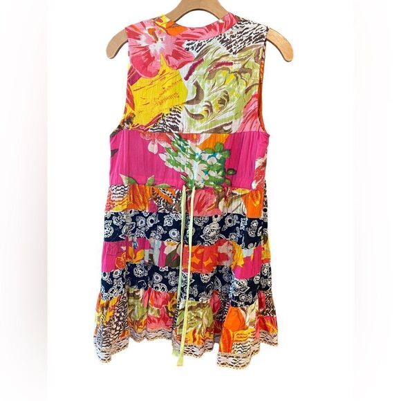 Free People Sz S Babydoll Bohemian Pink Gold Mixed Patterns Lace Glamorous Dress - Picture 2 of 7